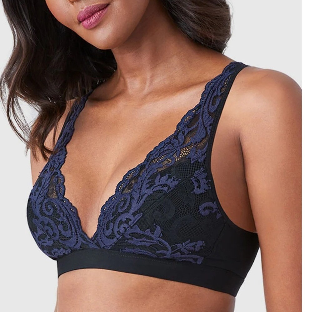Wacoal Womens M Instant Icon Bralette Black Eclipse Blue Lace Wireless 810322